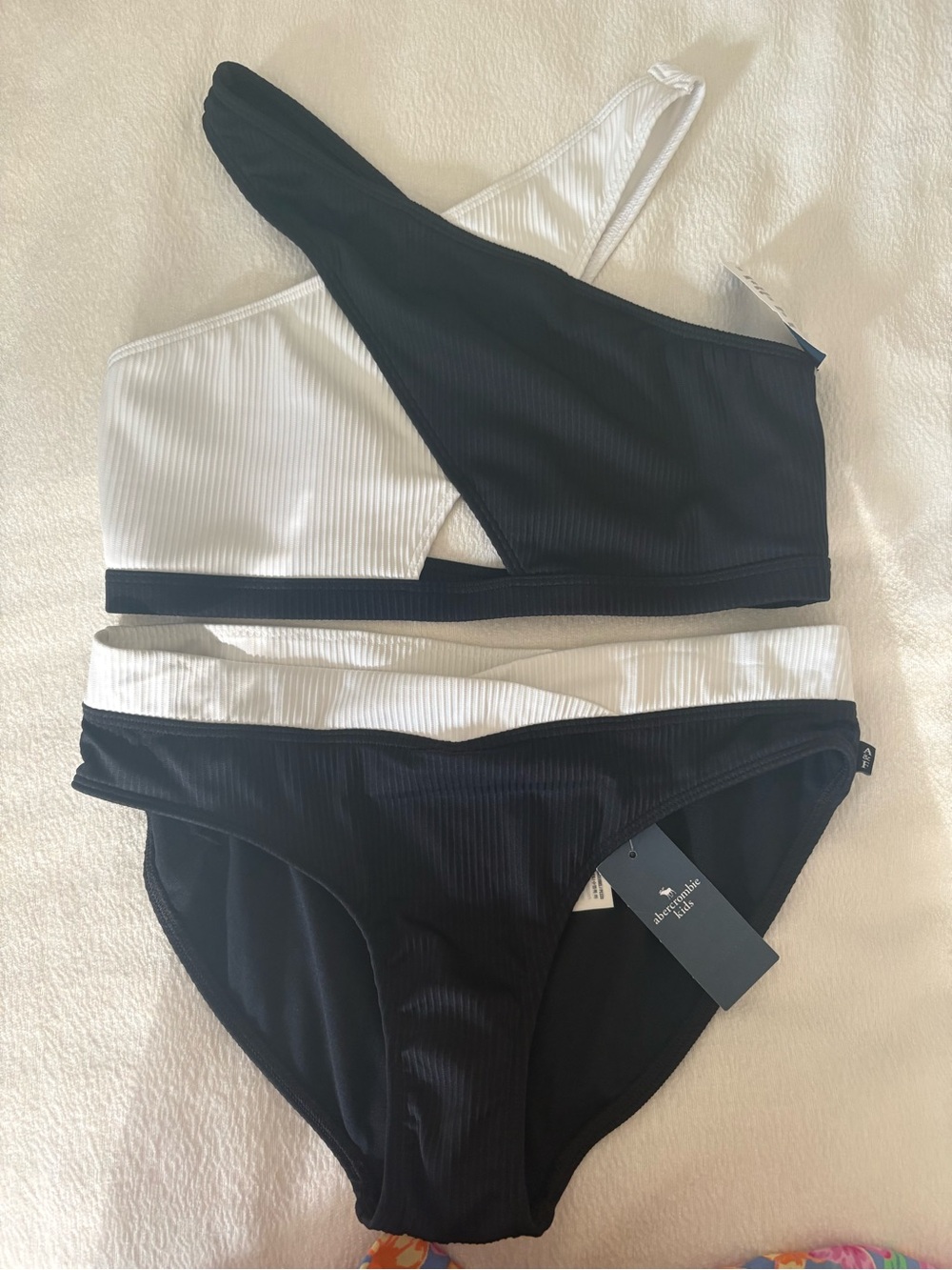 ABERCROMBIE KIDS NWT Girls Black & White Ribbed Cross Swim Top + Bottom